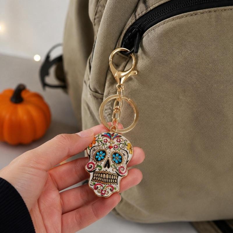 Halloween Skull Keychain Charm, Floral Skull Bag Charm with Alloy Hardware, Lobster Clasp and Round Key Ring for Keys