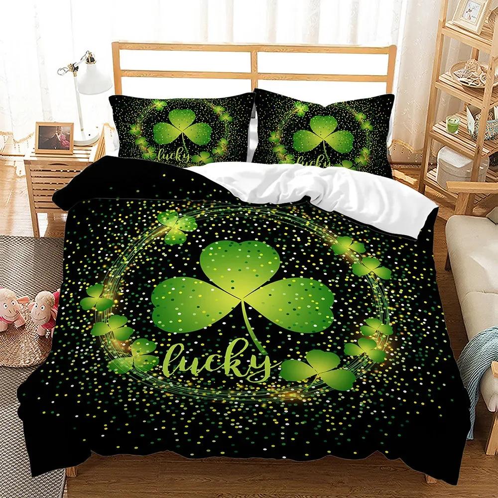 Lucky Green Leaves Four Leaf Shamrock Clover Comfortable Duvet Quilt Cover Pillowcase Bedding Set Children Bedroom Home Textile