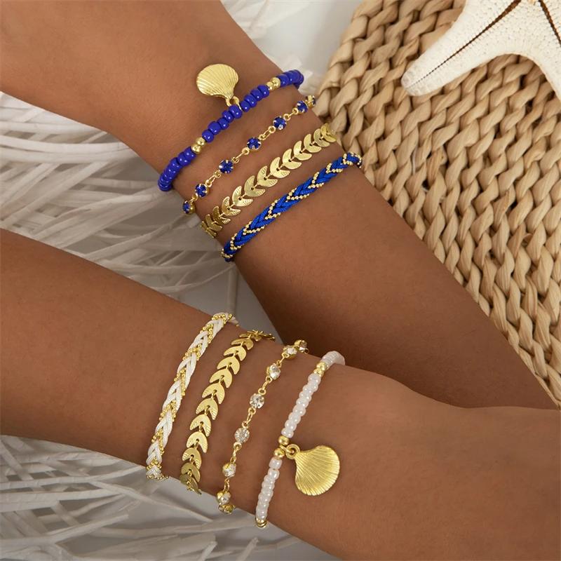 4pcs/set Bohemia Shell Bracelets for Women Ethnic Style Colorful Zircon Rice Beads Metal Chain Summer Beach Jewelry Accessories