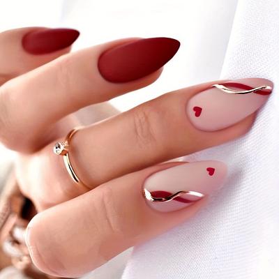 Almond Shape Fake Nails French Heart Pattern Water Drop Shape Press-On Nails Finished Matte Manicure With Jelly Glue + Polishing File (24pcs)