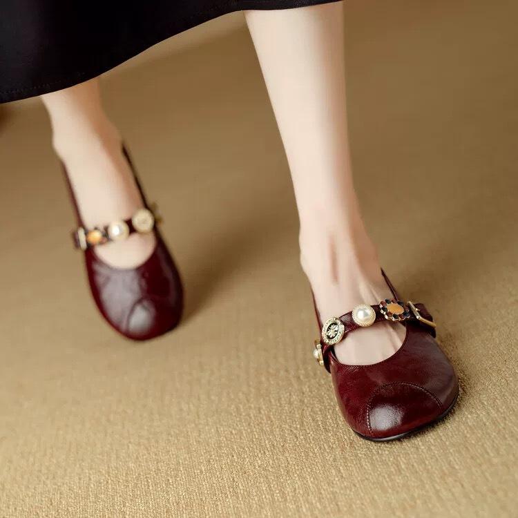 Mary Jane Shoes Female Genuine Leather 2026 New Ballet Shoes Women Round Toe Shallow Mouth Flat Ladies Shoes