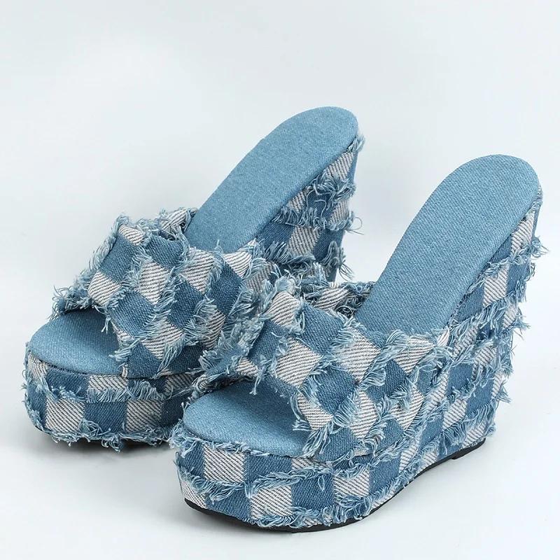 Eilyken Round Toe Platform Wedges High Heels Slippers Women Summer Denim Solid Sandals Concise Slides Female Shoes