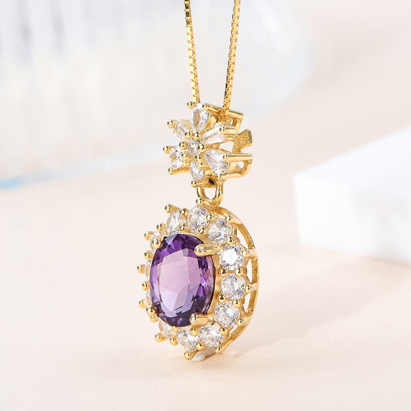 925 Sterling Silver 18K Gold Plated Pendant with Natural Amethyst Cut Gemstone Original Style Women's Everyday Wear