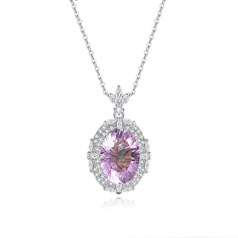 Natural crystal stone oval pendant s925 silver diamond mosaic design collarbone chain niche light luxury fashion jewelry gift