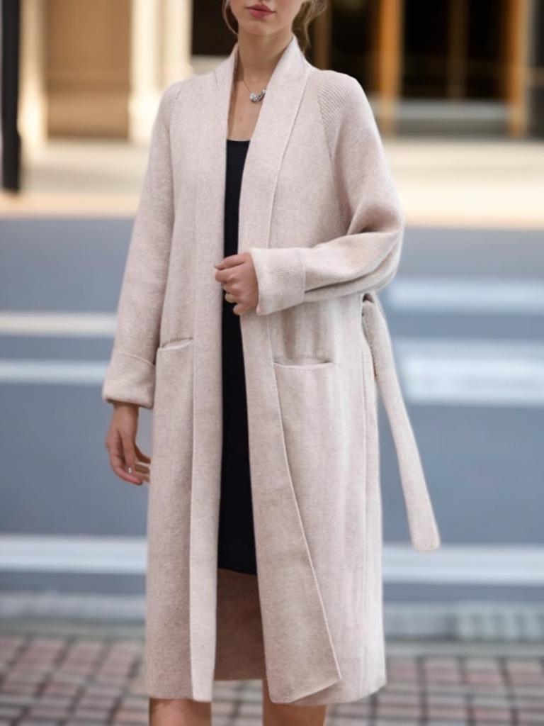 Women's 2024 Autumn/Winter Casual Long Knitted Cardigan Sweater Coat with Lace-Up Design