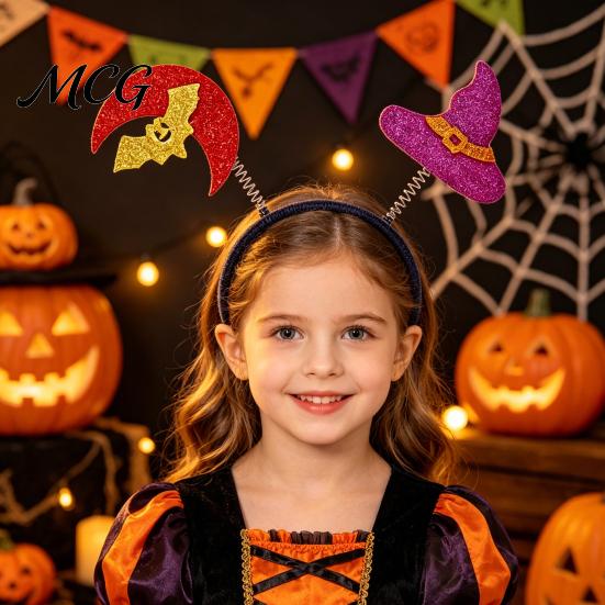 Festive Halloween Decoration Headband for Kids Adults, Glitter Pumpkin Bat Ghost Adjustable Hairband Skull Hair Accessories Cosplay Dress Up