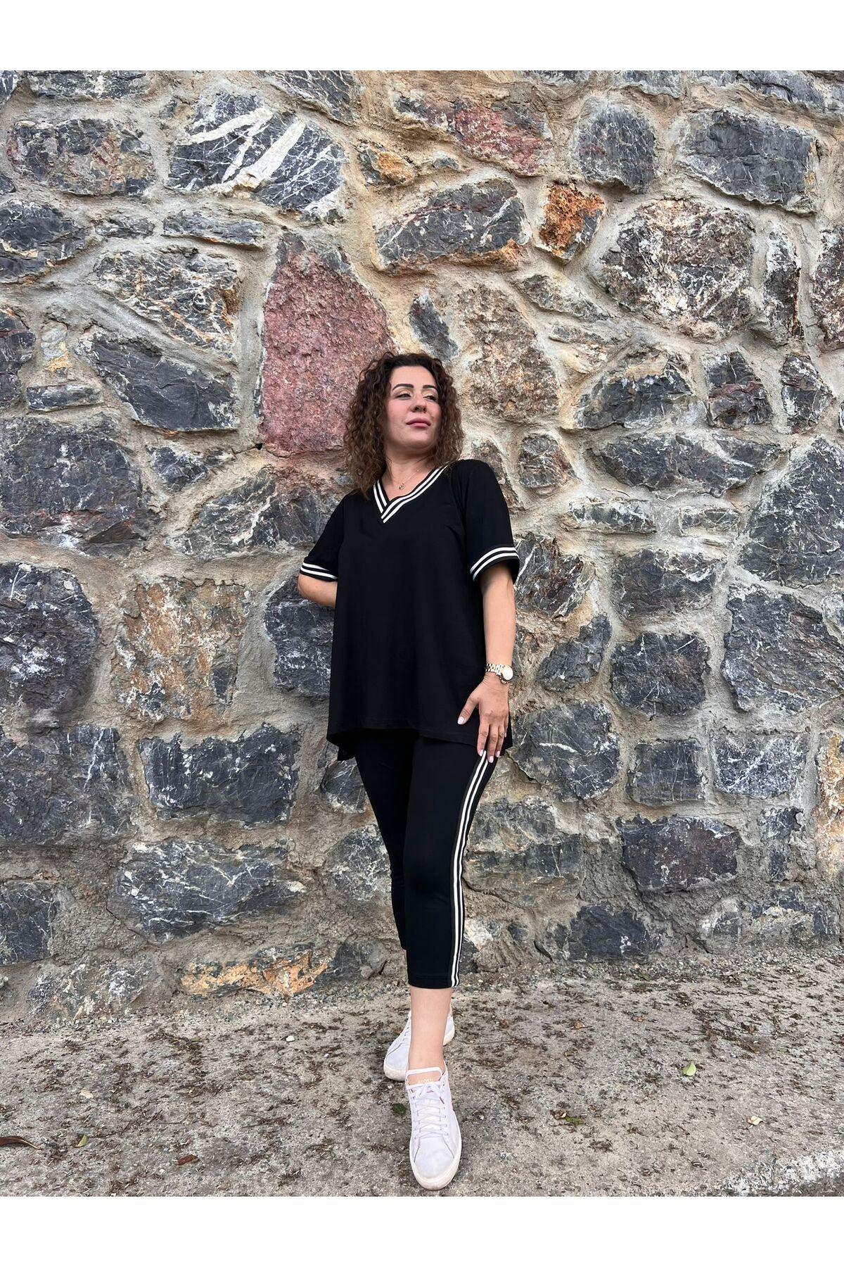 

Women s Style Big Size Under-Upper Team V-Neck Striped Tights-Blouse Plus Size Set XL