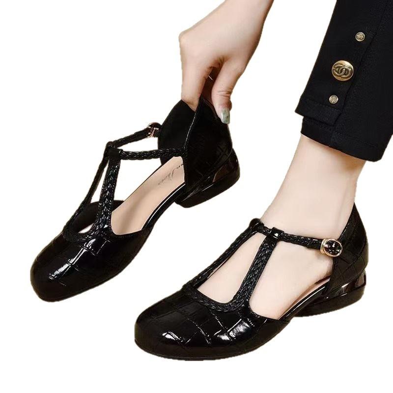Design sense niche woven soft leather hollow Mary Jane small leather shoes versatile soft sole thick heel bag head sandals women