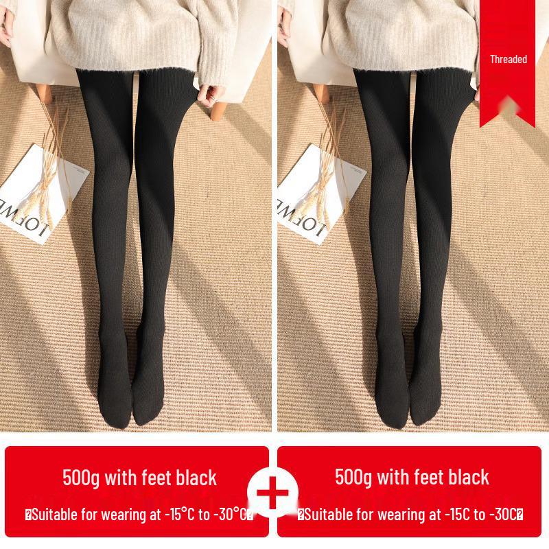 Women's Plus Size Fleece-Lined Ribbed Cotton Footed Tights - Vertical Stripe, Warm Spring/Summer Leggings