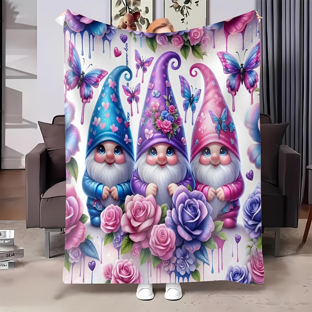 Colorful Gnome Butterfly Rose Flannel Throw Blanket Cute Dripping Paint Three Gnomes Romantic Sofa Blanket