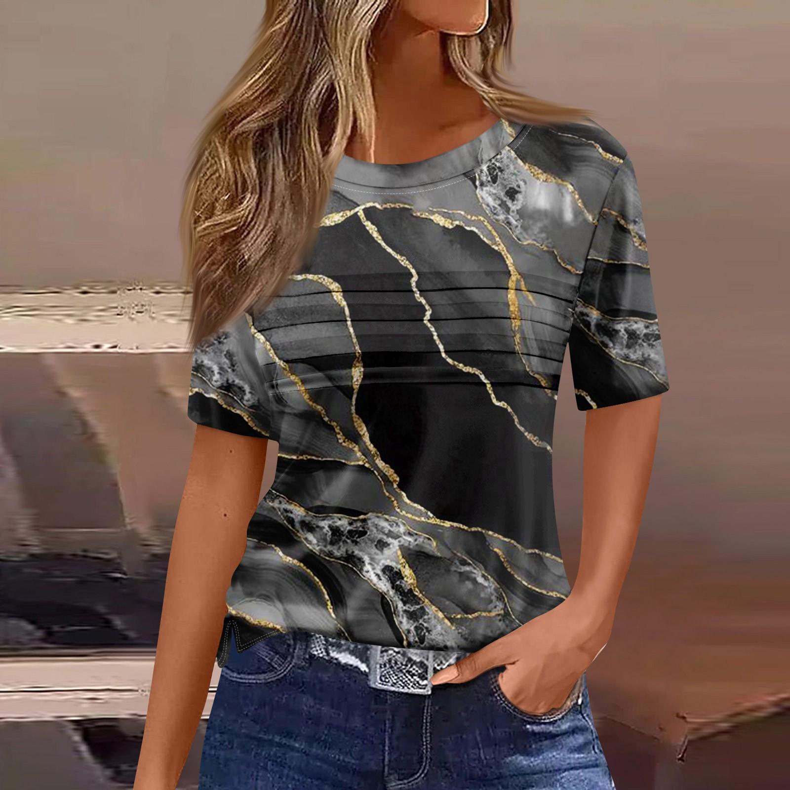 

Женская плиссированная футболка с круглым вырезом и принтом, короткий рукав, топ с разрезом по низу XL небесно-голубой