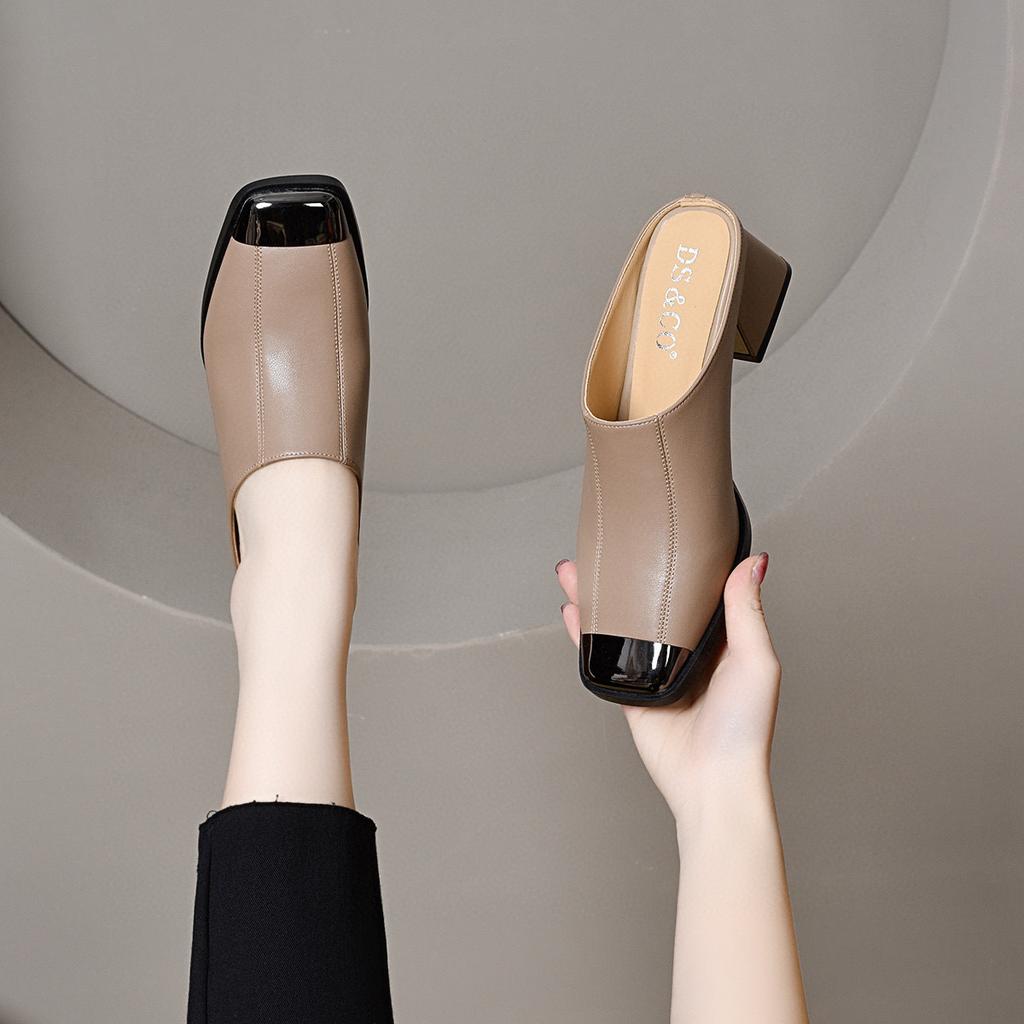 Square head slippers women's outer wear spring and summer new iron bag head cowhide thick heel sandals women's fashion lazy drag