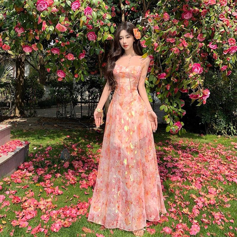 Sommer Neues Jacquard Chiffon Trägerkleid Meeresurlaub Gefühl Schmale Taille Langes Kleid Damen