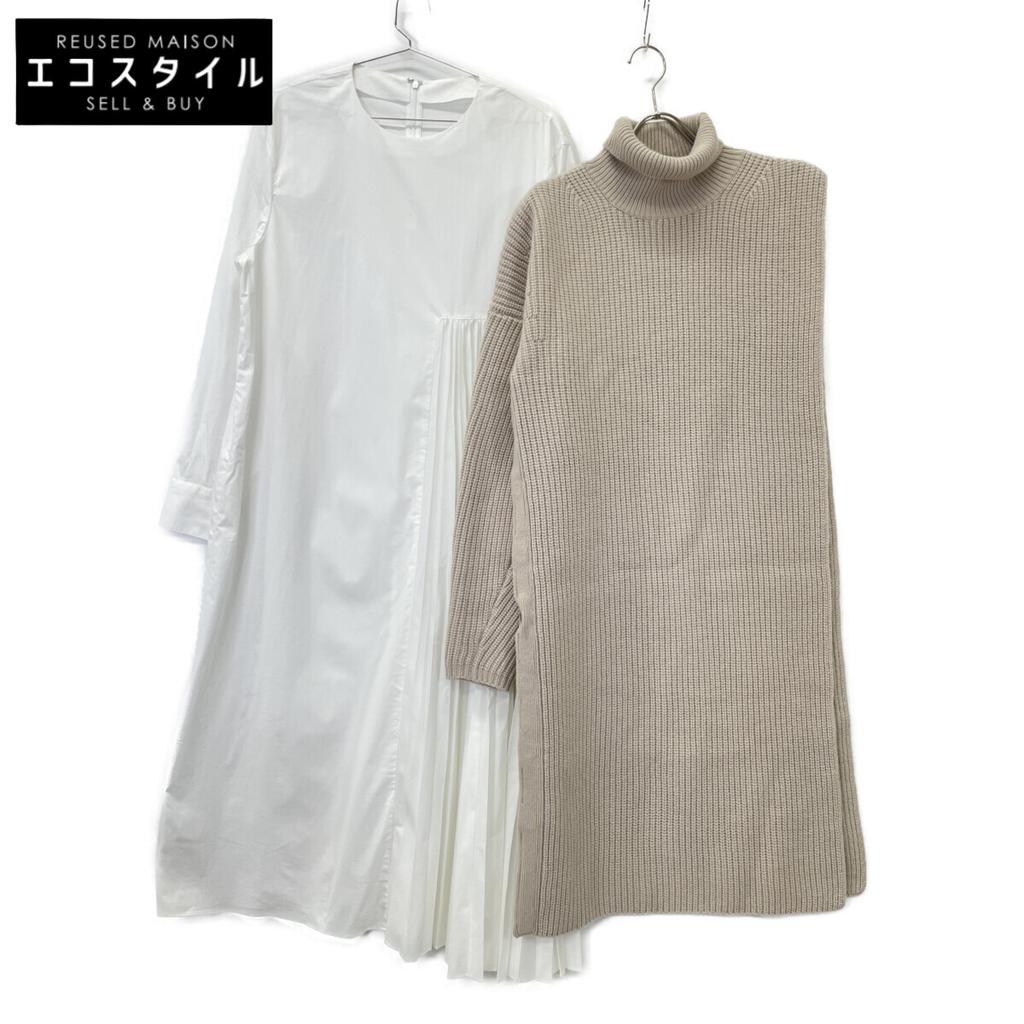 ELENDEEK 511960322701 Beige X White Pleated One-Piece Asymmetrical Knit Set Dress F Beige X whiteUsed