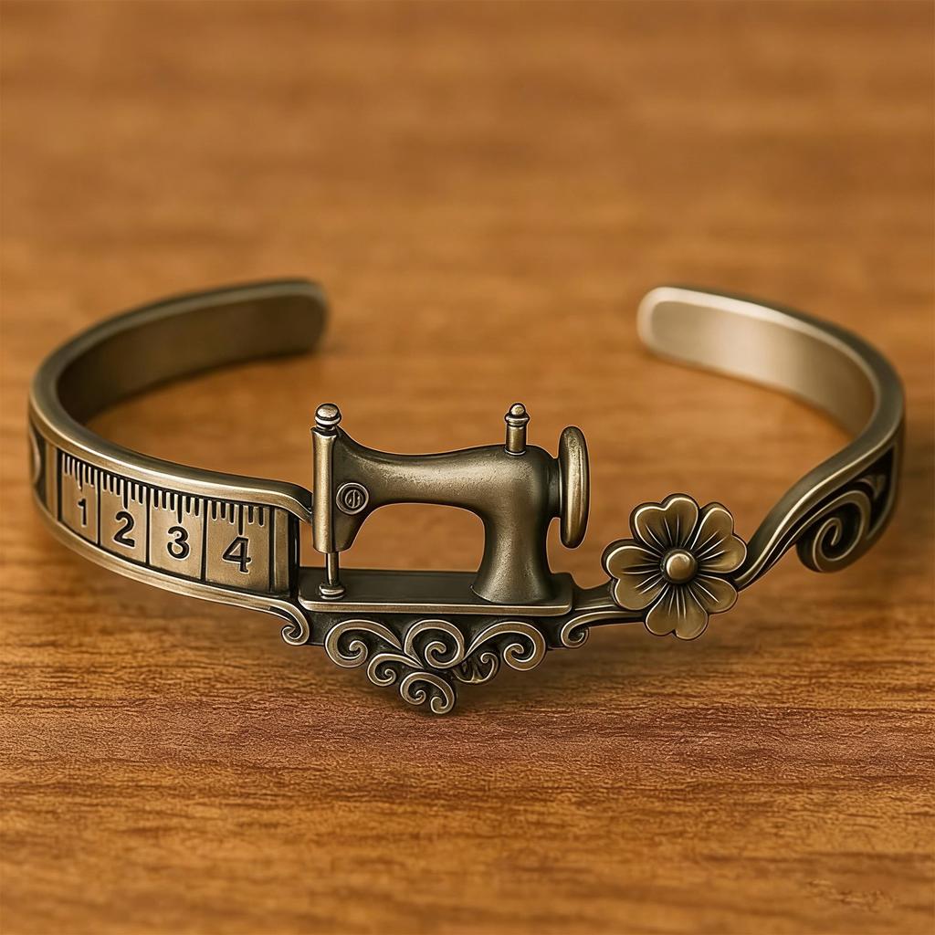 Sewing Machine Theme Bracelet For Craft Lovers Adjustable Vintage Design With Measuring Scale