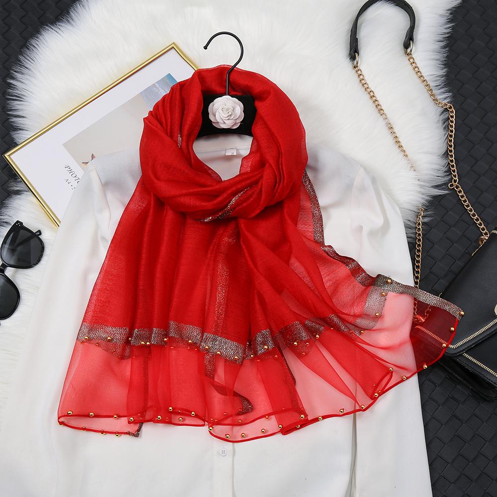 Fashion Luxury Silk Scarf For Women Shawls With Beads Long Scarf For Women Female Foluard Stoles Bandana Head Wraps Headscarf