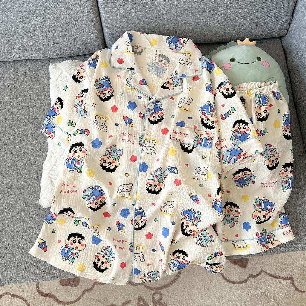 Korean Cloud Cotton Cartoon Couple Pajamas Set - Short Sleeve Cardigan & Shorts