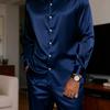 Men's Casual Two-piece Set: Plain Long-sleeved Button-down Shirt with a Spread Collar