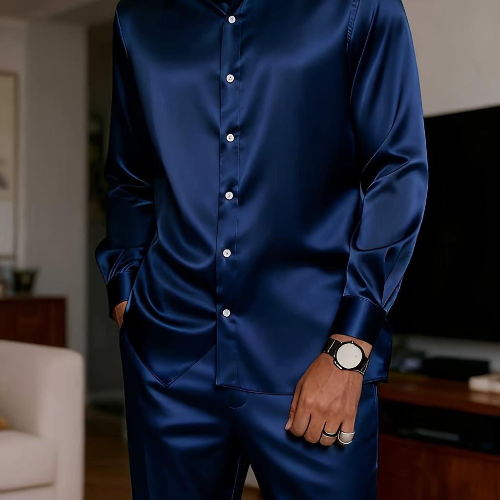 Men's Casual Two-piece Set: Plain Long-sleeved Button-down Shirt with a Spread Collar