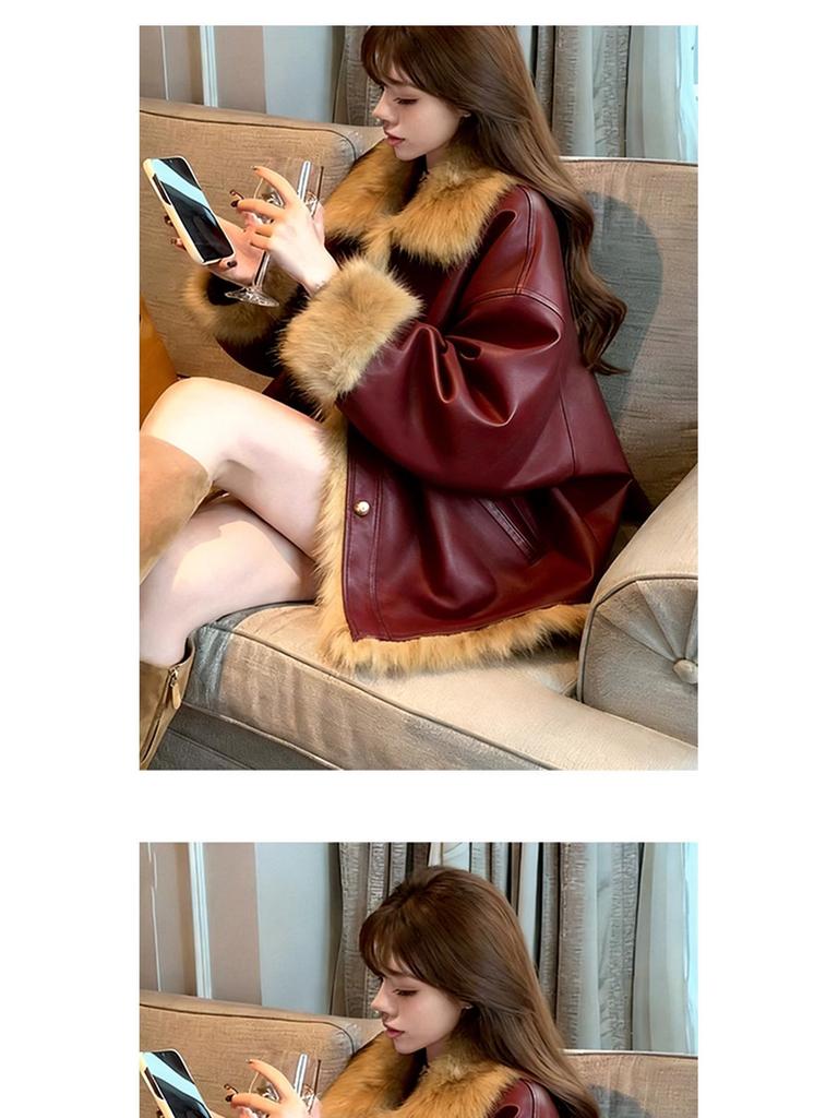 Women's Red Leather Motorcycle Jacket with Faux Fox Fur Trim
