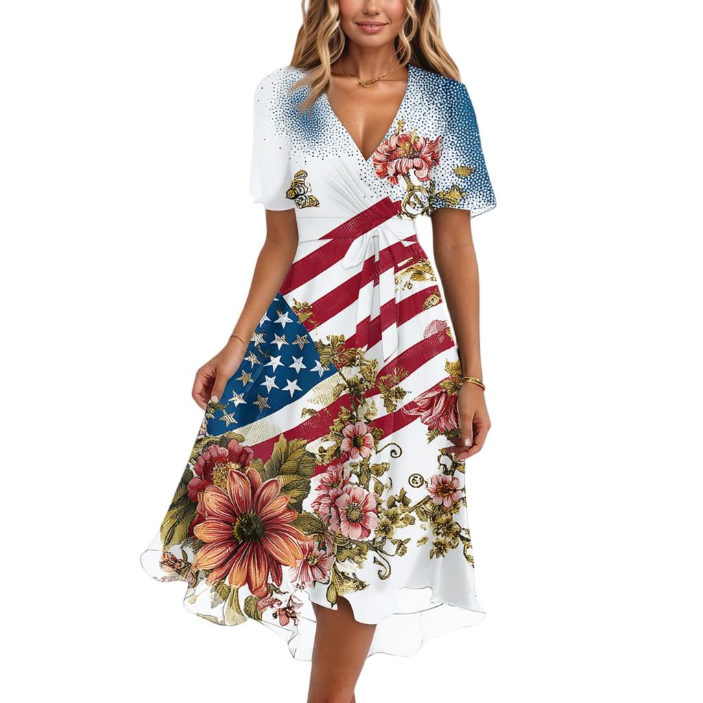 Women's Fashionable Casual V-neck Short-sleeved Independence Day Printed Dress