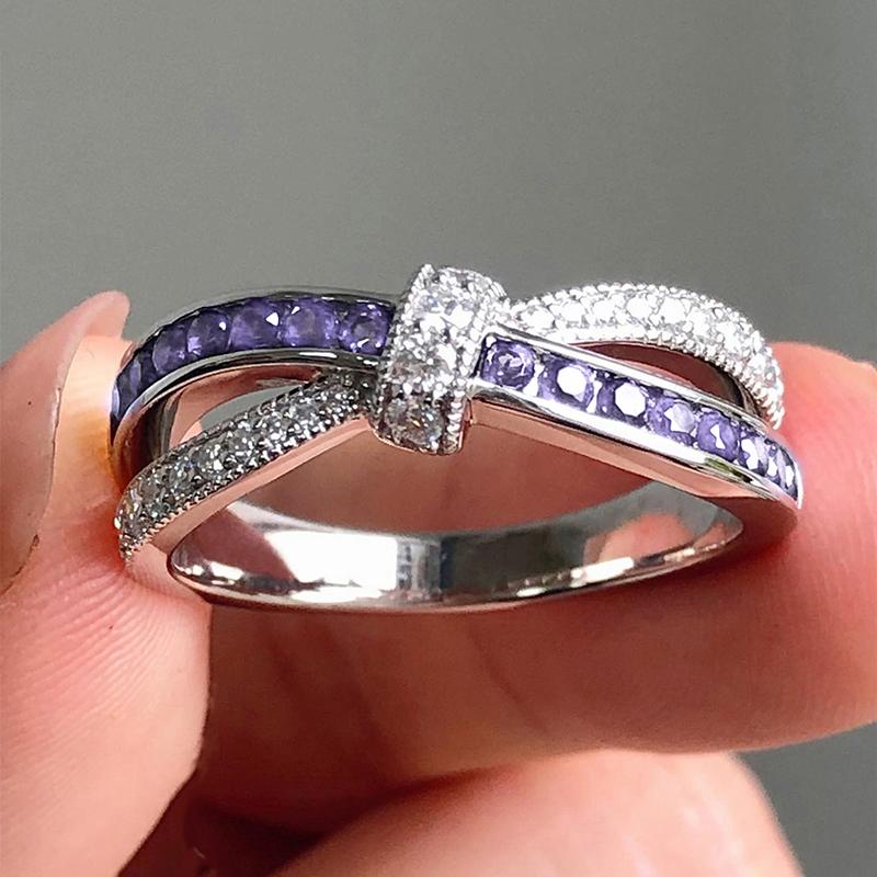 Huitan Graceful Purple Cubic Zirconia Women Rings Elegant Knot Design Charming Wedding Jewelry Delicate Fashion Accessories