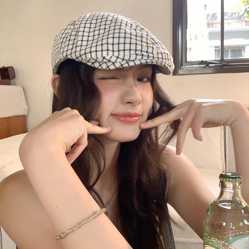 Retro Plaid Forward Hat Showing the Face Small Painter Hat Thin Breathable Literary and Versatile Beret Newsboy Hat Female