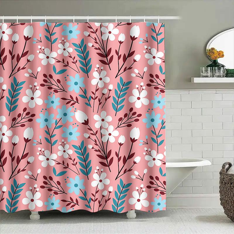 Pink White Floral Shower Curtain Set Bath Decor With Blue Accents Fabric Shower Curtains For Home Decor In Bathroom (Set Of 1)