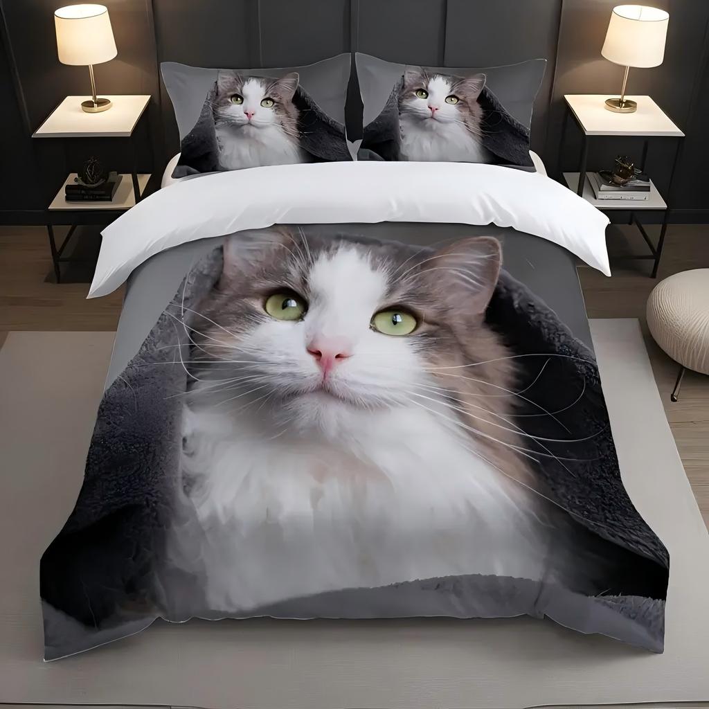 Grey Blanket Cute Cat 3D Printed Polyester Quilt Cover Cute Animal Theme Bedding Set Luxury Home Textiles Duvet Cover Pillowcase
