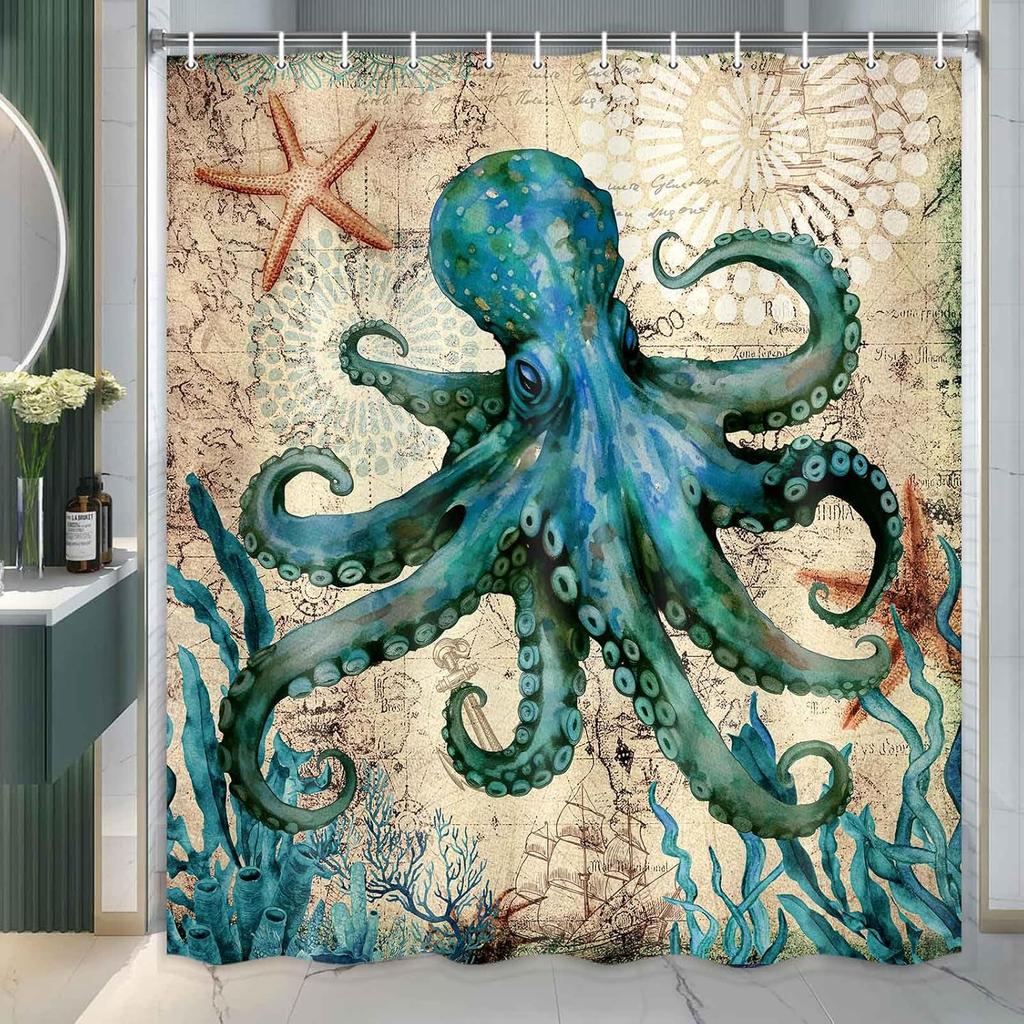 Vintage Nautical Octopus Shower Curtain Funny Ocean Beach Coastal Decorative Shower Curtains for Bathroom Waterproof