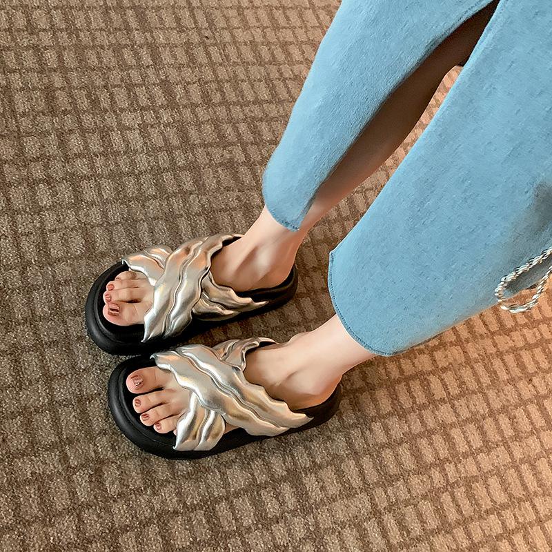 Thick-bottomed Cross-strapped One-word Cool Slippers Women's Summer Versatile Comfortable Soft-bottomed Non-slip Beach Bread Cool Slippers