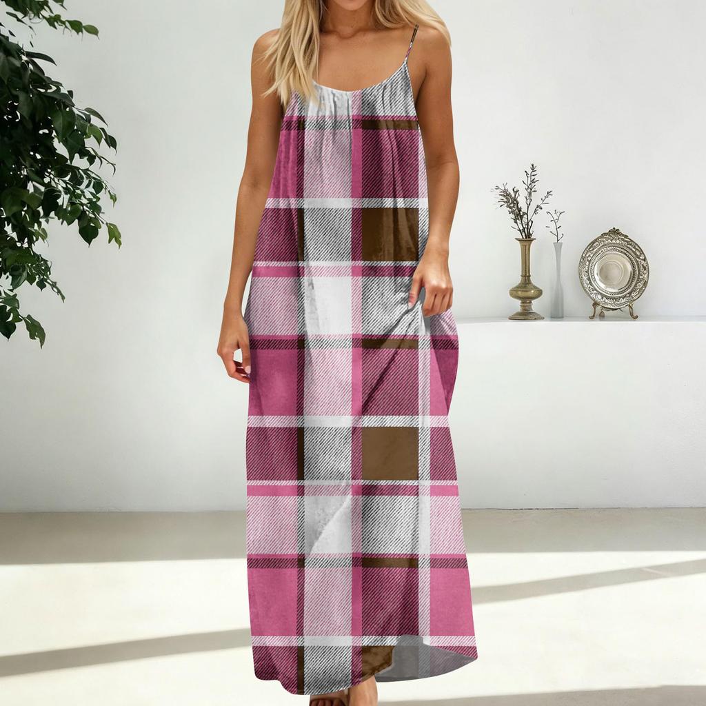 Women's Fashion Backless Spaghetti Strap Casual Loose-Fit Plaid Print Dress