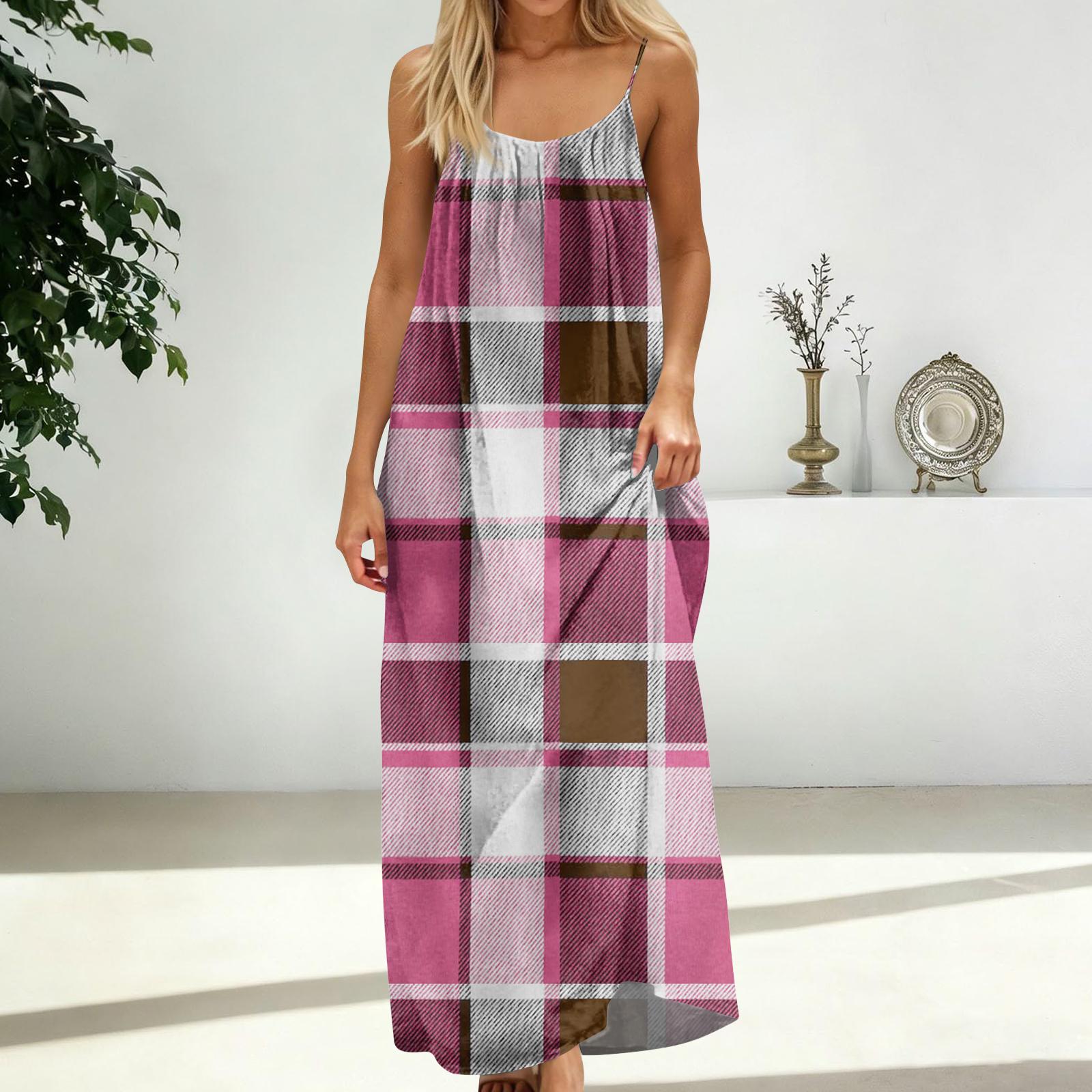 

Women s Fashion Backless Spaghetti Strap Casual Loose-Fit Plaid Print Dress M
