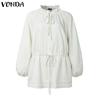 VONDA Women Casual Stand Collar Solid Color Long Sleeve Drawstring Waist Blouse Shirts
