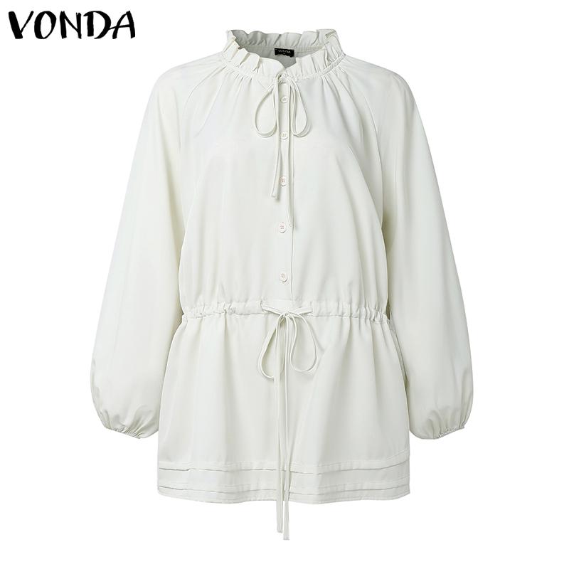 VONDA Women Casual Stand Collar Solid Color Long Sleeve Drawstring Waist Blouse Shirts