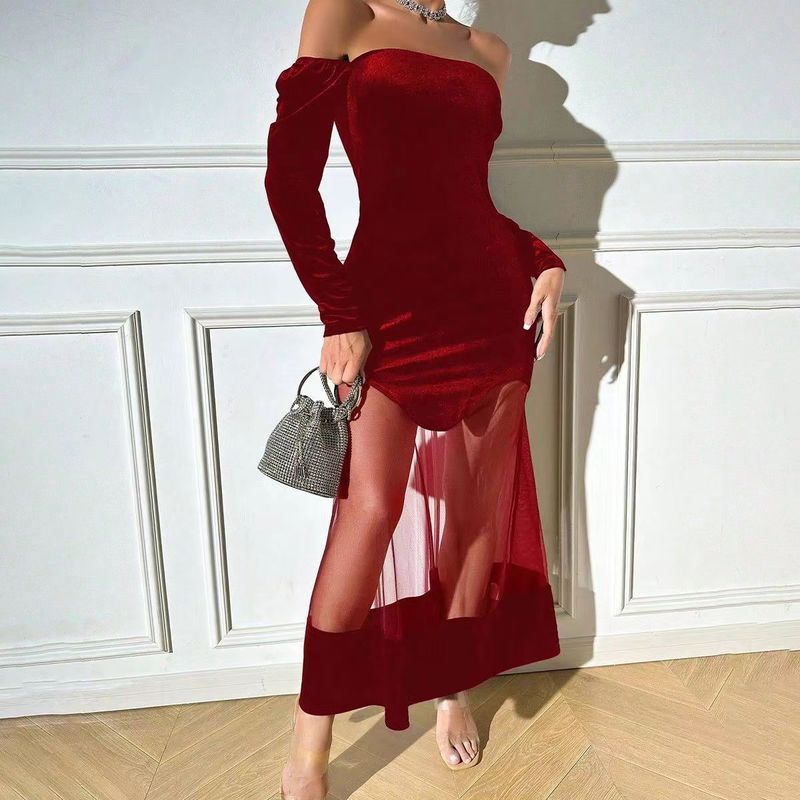 

Fashion New Arrival Long Sleeves Stitching Sexy Gauzy Package Hip Dress Sexy Mesh Patchwork Dress Burgundy S