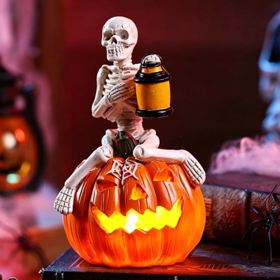 Halloween Pumpkin Skeleton Figurine, LED Light-Up Decorative Pumpkin Lantern, Spooky Holiday Decoration for Halloween Parties & Ghost Festivals