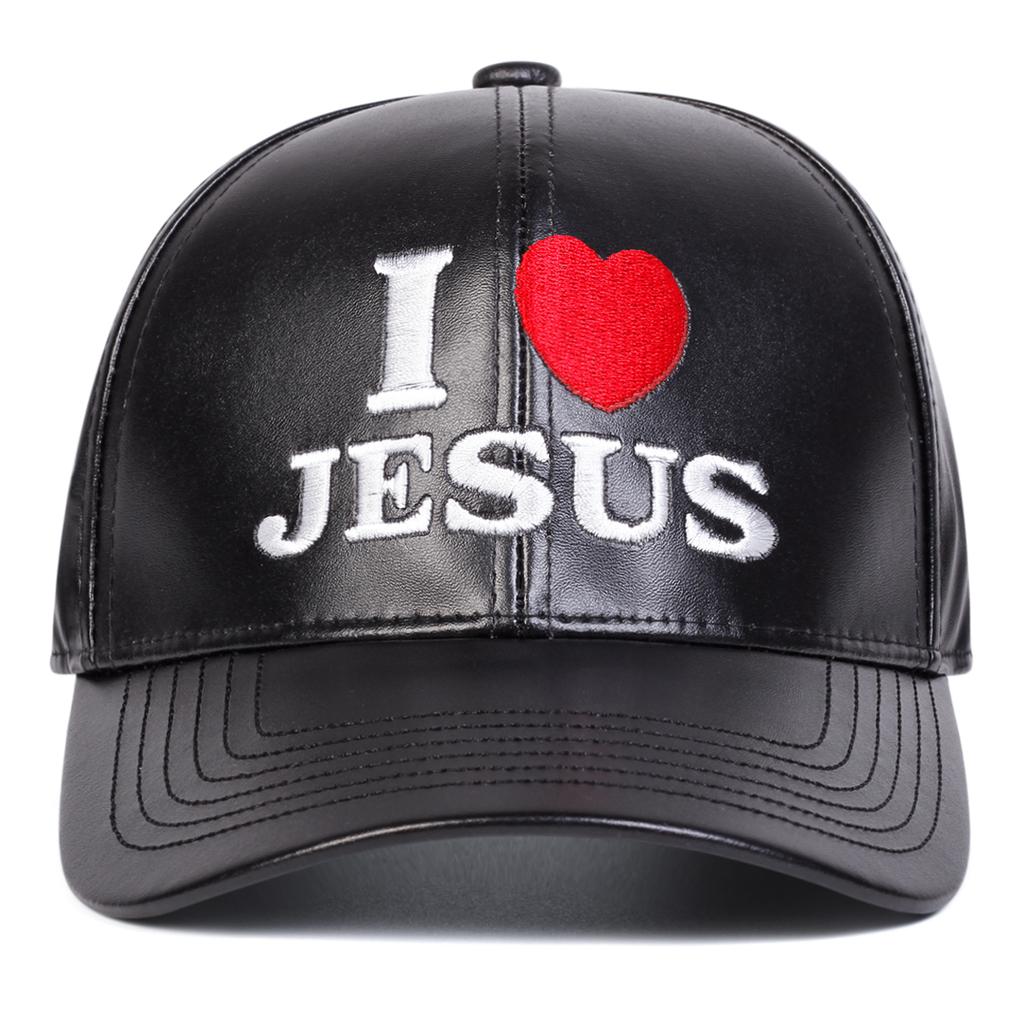 Unisex I JESUS Love Embroidery Adjustable Pu Leather Baseball Hat Couple Caps Spring Autumn Outdoor Leisure Hats Travel Accessories for Women Men