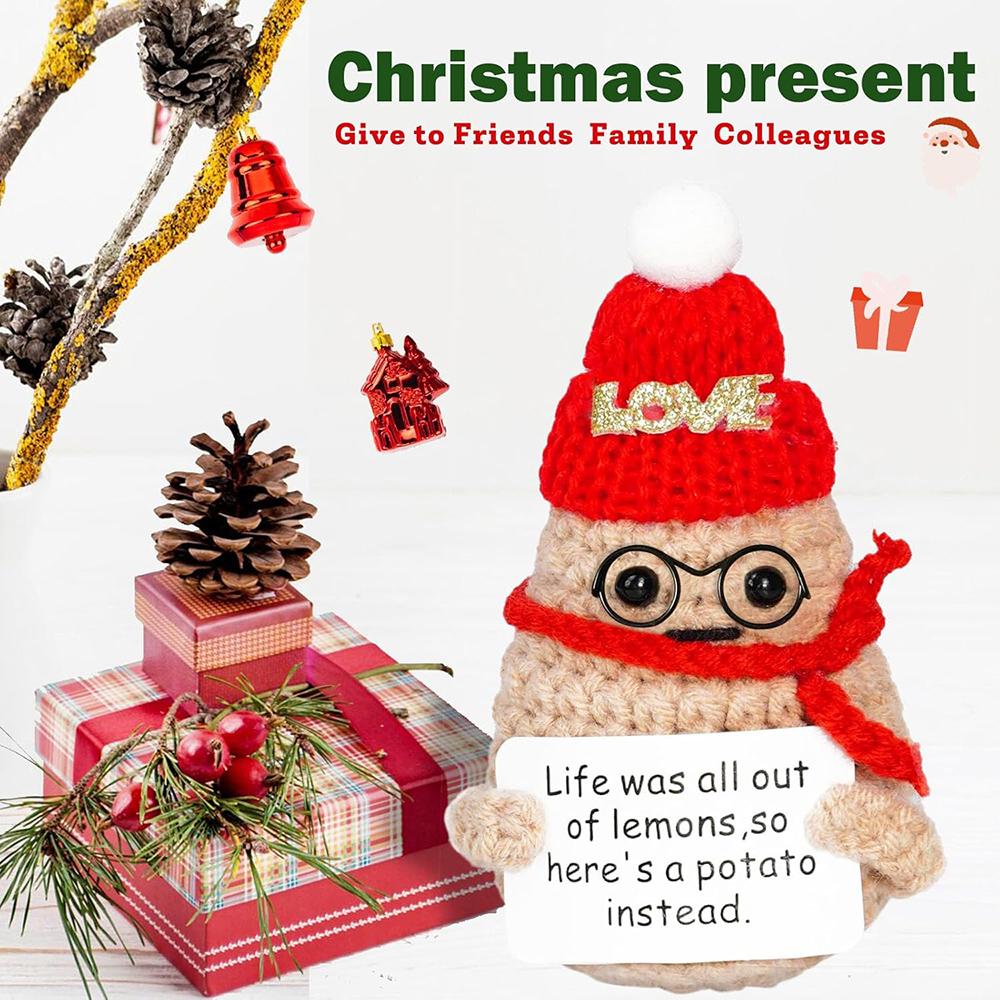 Crochet Positive Potato Mini Pocket Hug Dolls Handmade Plush Knitted Xmas Potatoes Doll With Glasses Christmas Desktop Decor