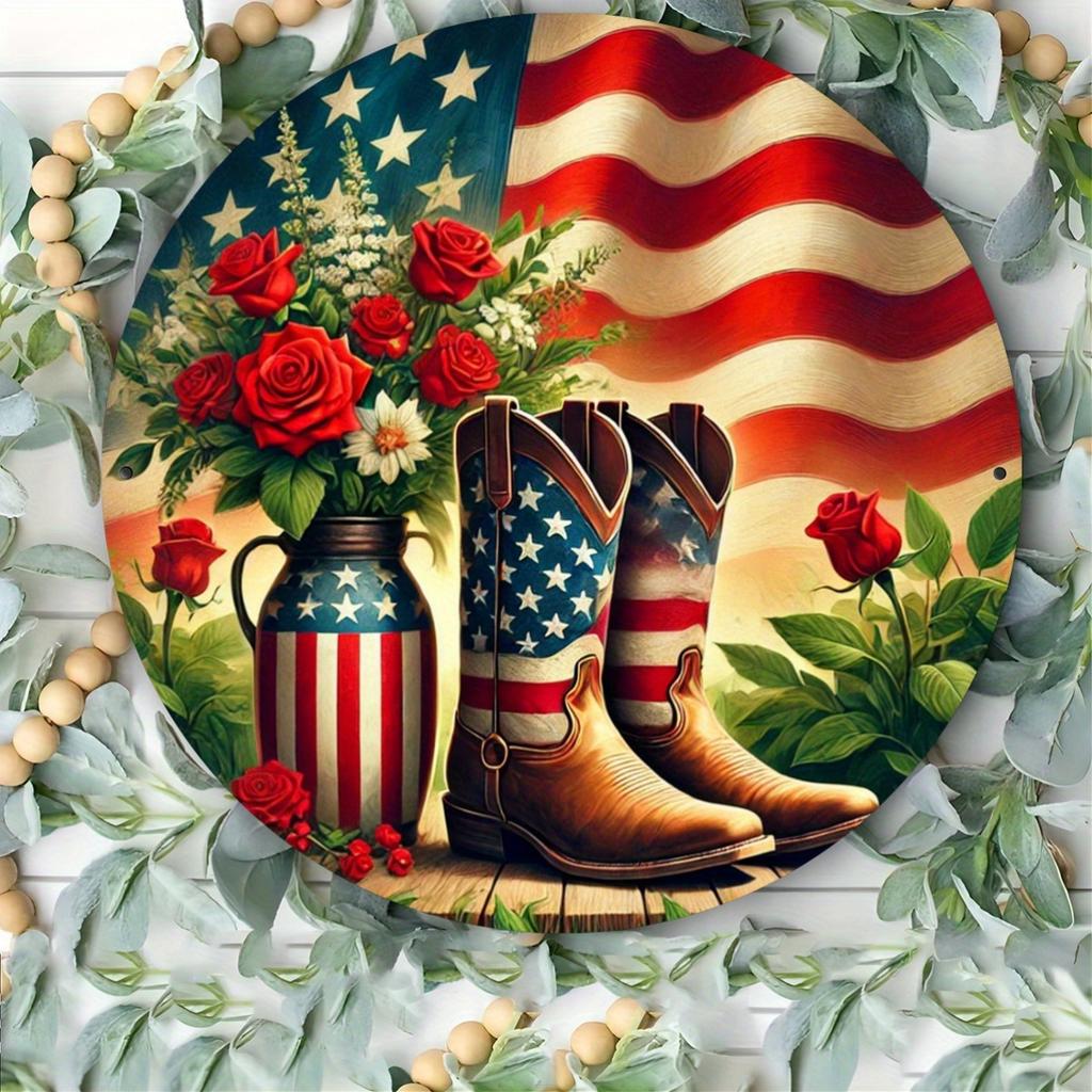Western Boots and Flowers Round Metal Sign X Cm Iron Wall Art Decor Patriotic American Flag Theme WeatherResistant