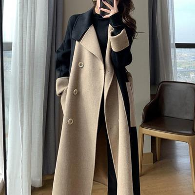 Elegant Women Long Coat Casual Thin Woolen Double Sided Cashmere Matching Color Stylish Outerwear