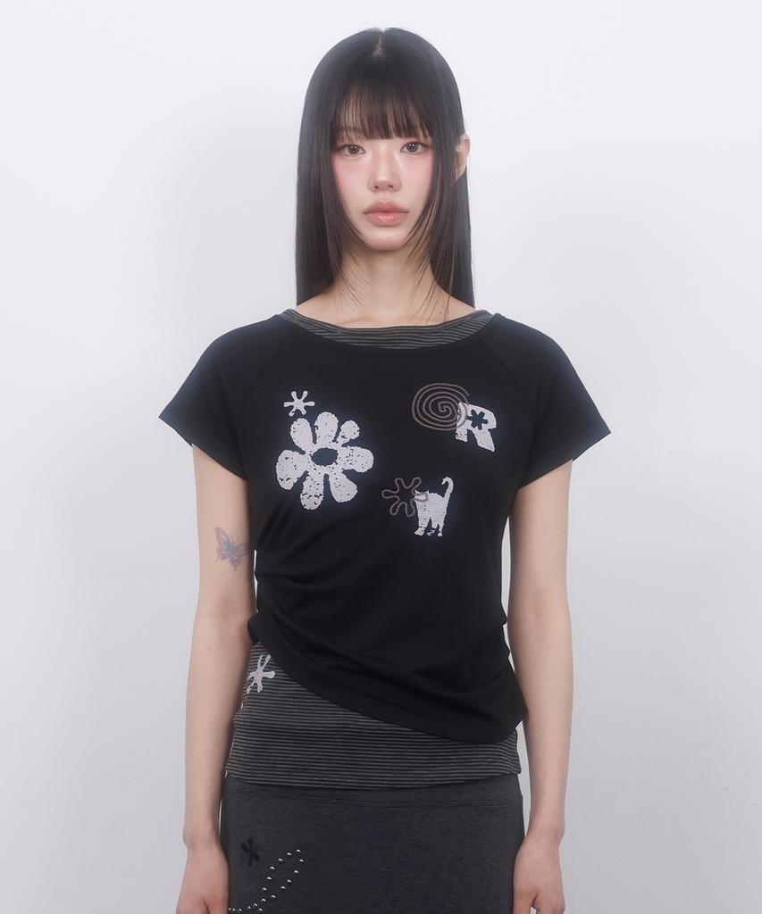 LMR Motif Embroidered Stripe Layered Short Sleeve T-Shirt Black Stripe
