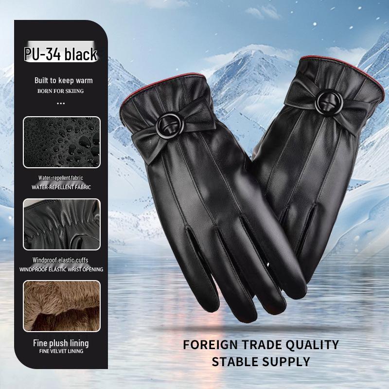 Gants pour femmes en cuir PU style nouveau avec pompon en fourrure de lapin - Chauds doublés en velours pour la conduite hivernale et le cyclisme en extérieur