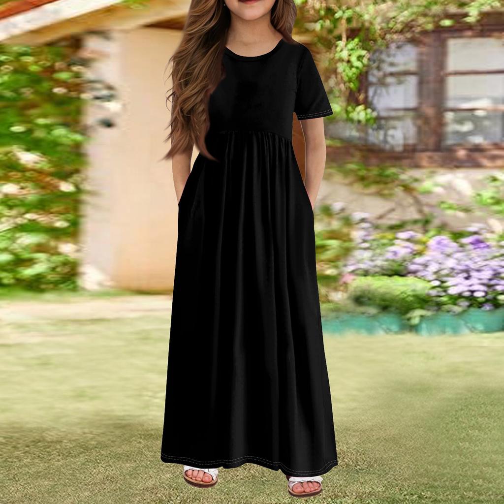 Girls' Long Summer Dress - Short Sleeve Pocket Maxi Dress For 4-14Y