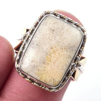 Natural Fossil Coral Gemstone 925 Sterling Silver Jewelry Two Tone Ring S.7 a6G58