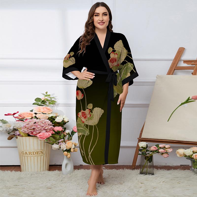 Übergröße Satin Sommer Pyjama & Bademantel Set für Damen - Leichter Luxus Eisseide