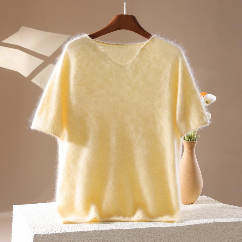 2026 A/W Women's V-Neck Cashmere Wool Knit Short Sleeve Sweater