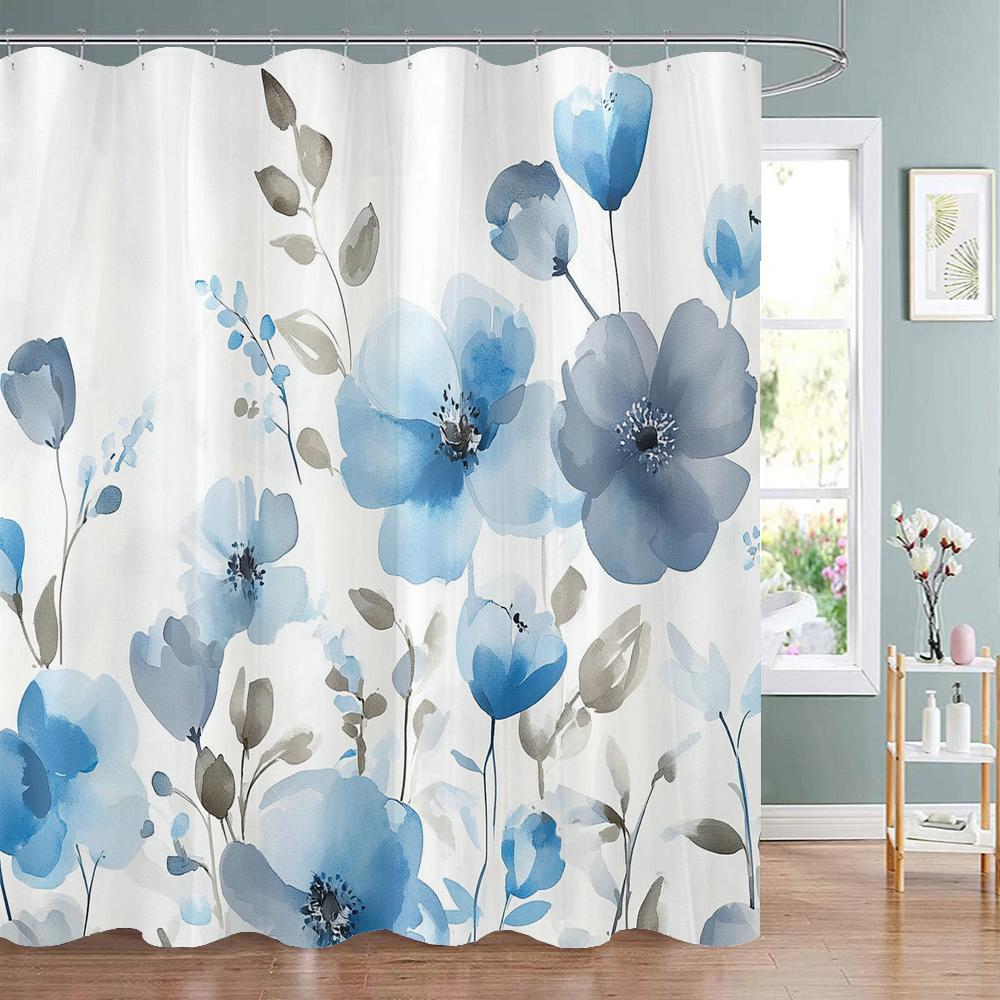 Beautiful and Elegant blue Flowers Pattern Shower Curtain,  Bathroom Decorative Shower Curtain,Home Curtain with Hooks