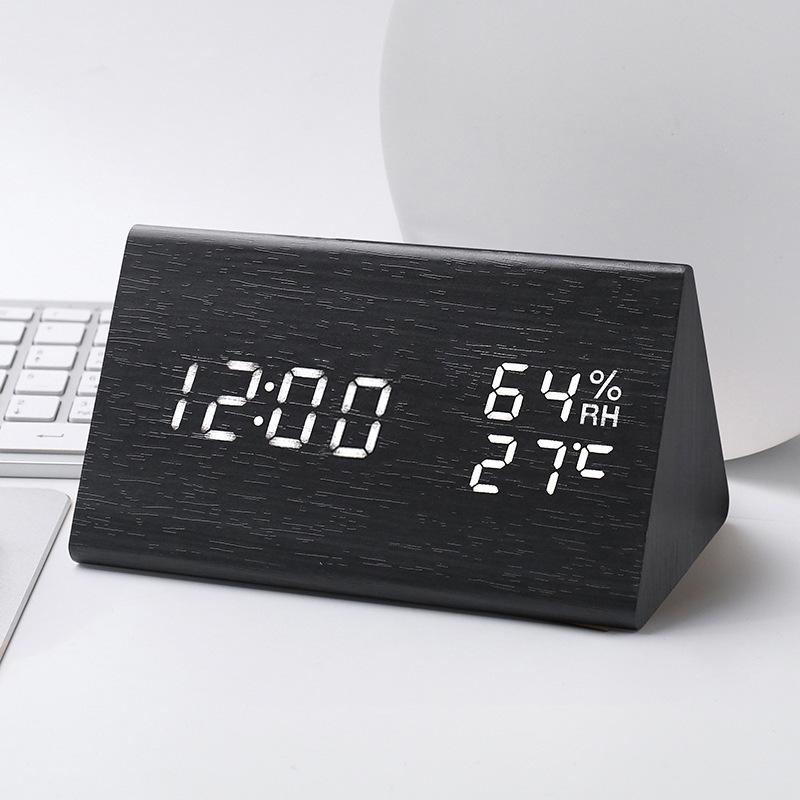 Intelligent Voice controlled Temperature and Humidity Meter Wooden Clock Triangle Electronic Digital Clock Wooden Temperature and Humidity Alarm Clock