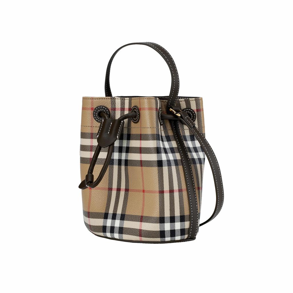 Burberry Vintage Check Drawstring Bucket Bag Beige Leather Casual 81004881